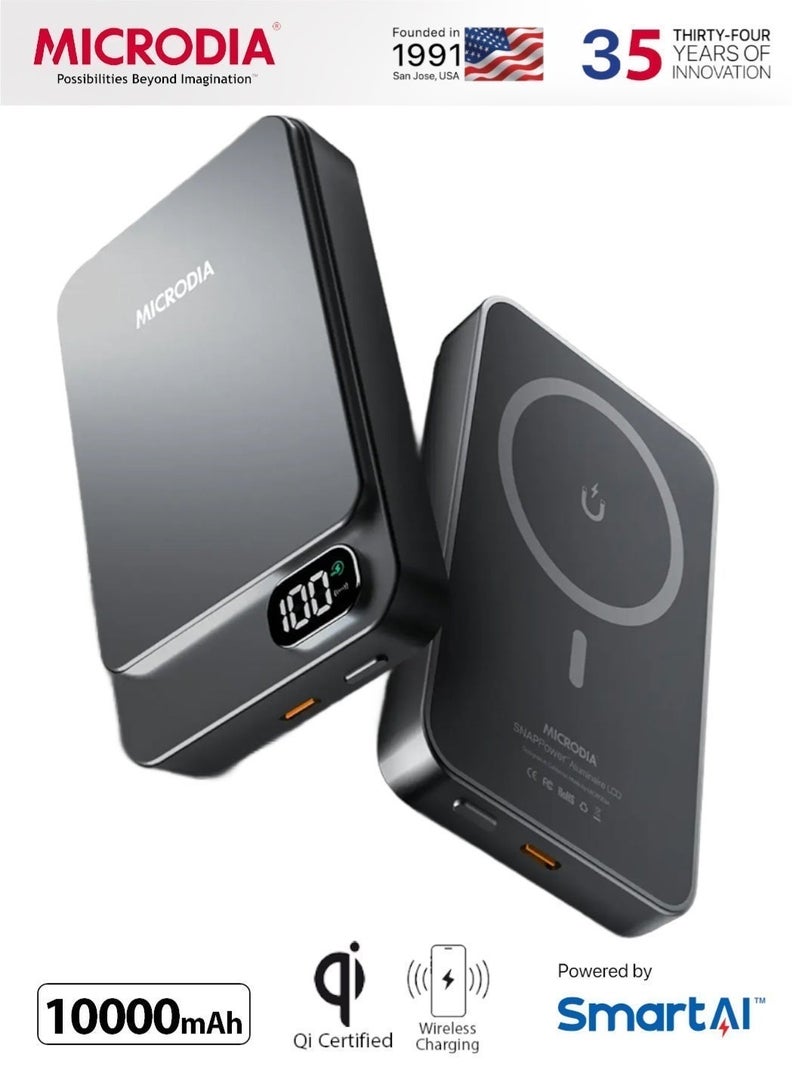 MICRODIA SNAPPower 35W PD Magnetic Wireless Power Bank 10000mAh, Portable Charger with USB-C Cable, MagSafe Battery Pack – Charcoal - Image 1